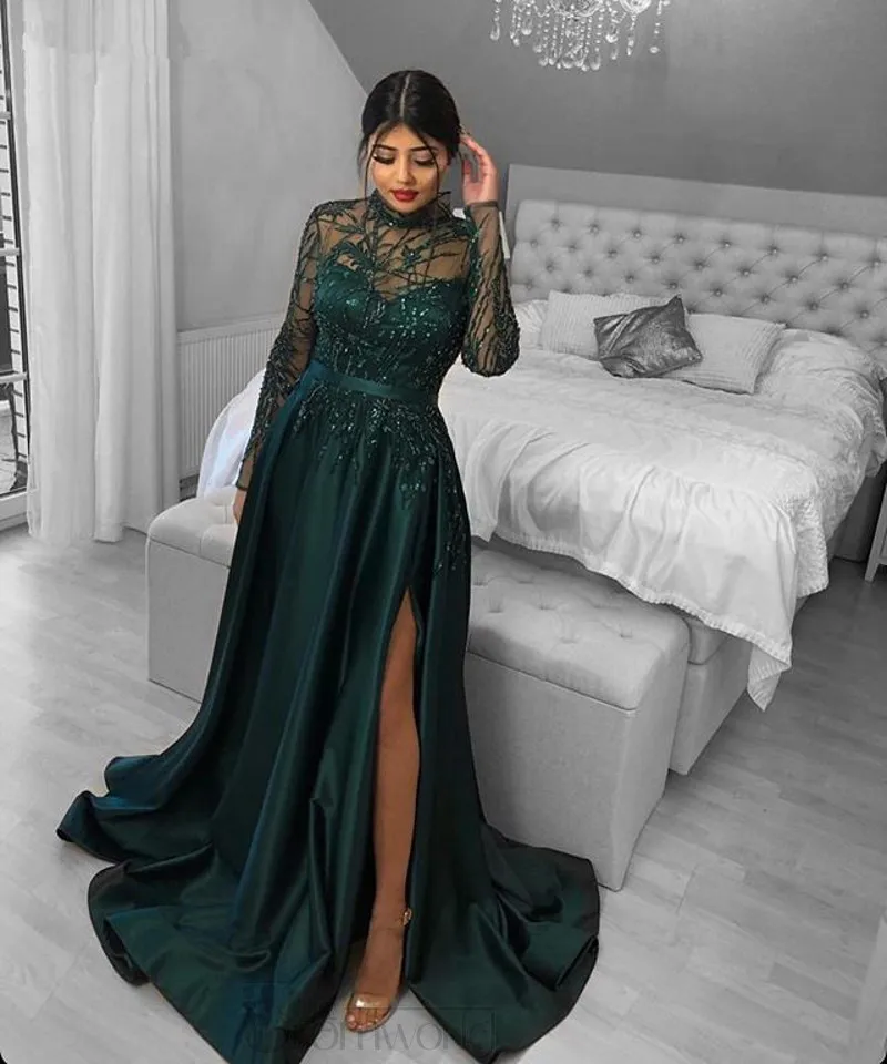 

Illusion Long Sleeve Lace Beaded Emerald Green Evening Dresses 2020 A-Line Split Satin Sexy Party Prom Gowns Robe De Soiree