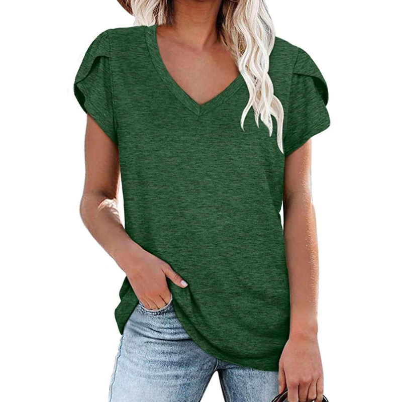 

2021 Spring Summer New Women Solid Color V-Neck Petal Short Sleeve T-Shirt Ladies Fashion Casual Loose Streetwear T-Shirt Tops