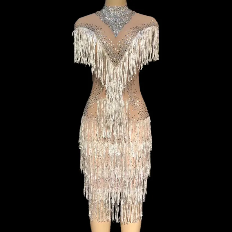 Женское прозрачное коктейльное платье с кисточками и кристаллами сексуальное
