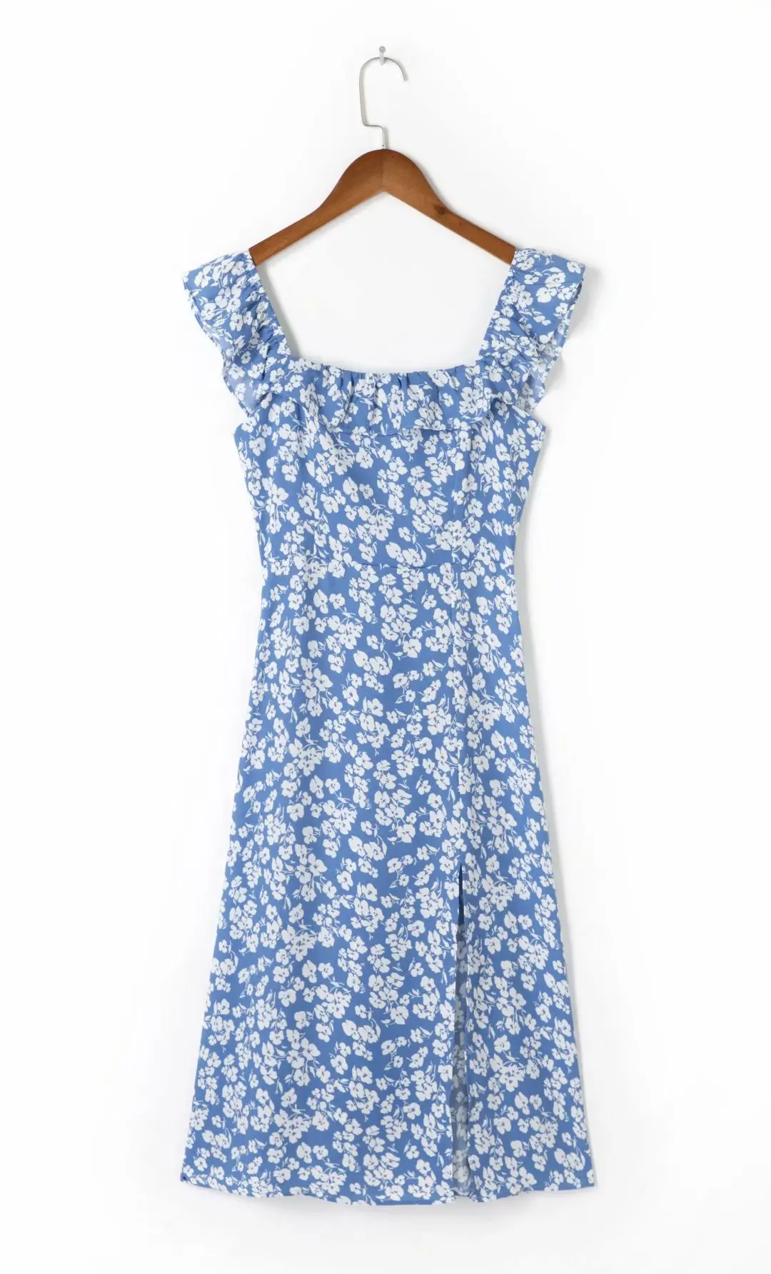 

Spring and Summer summer dress 2021 French High Waist Slim-Fit Holiday Blue Printed Sexy Split Lace Sleeve Dress Midi Dress