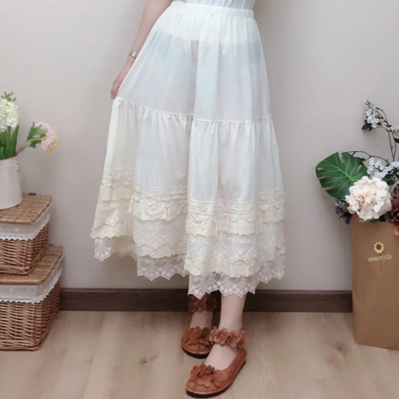 Женская кружевная хлопковая юбка Mori Girl однотонная цветная многослойный