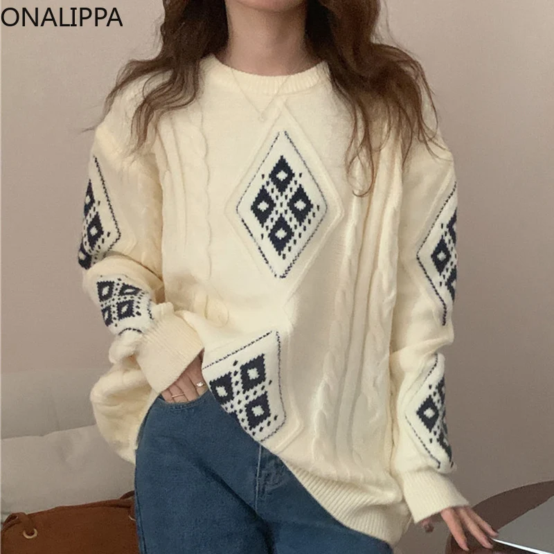 

Женский пуловер Onalippa сезона осень-зима 2021 года, ретро, с круглым вырезом, со стразами, контрастные цвета, с узором из конопли, Свободный вязан...
