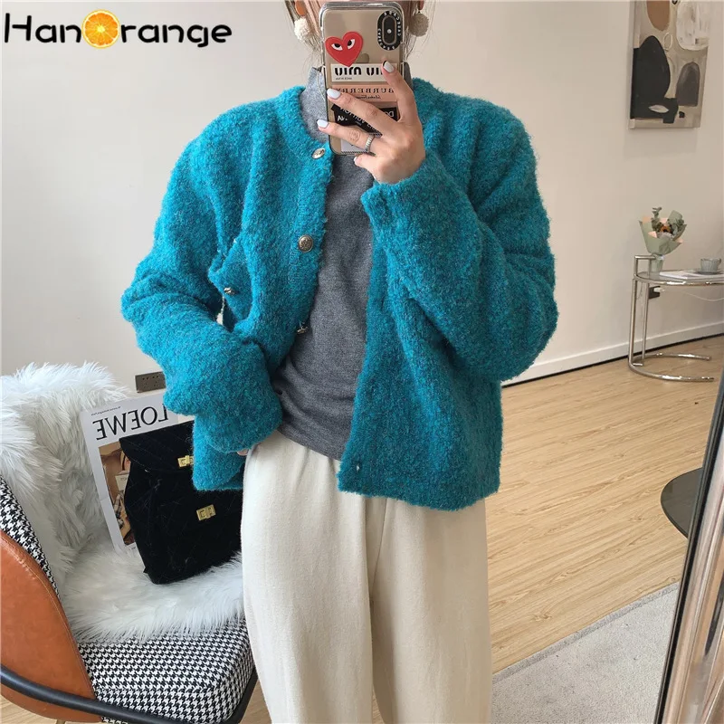 

HanOrange Зимний новый корейский специальный цветной вязаный свитер кардиган с ароматом утолщенный женский топ с круглым вырезом