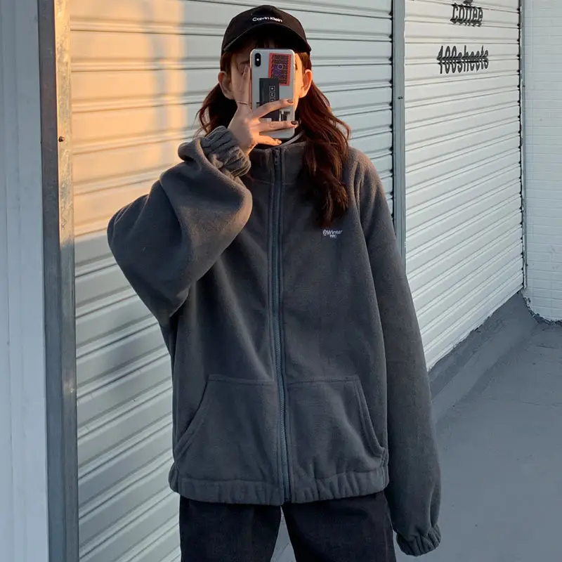 

2020Women's sweater autumn street style zipper large Sweatshirt Jacket fashion solid color pocket stand collar women's coat 4320