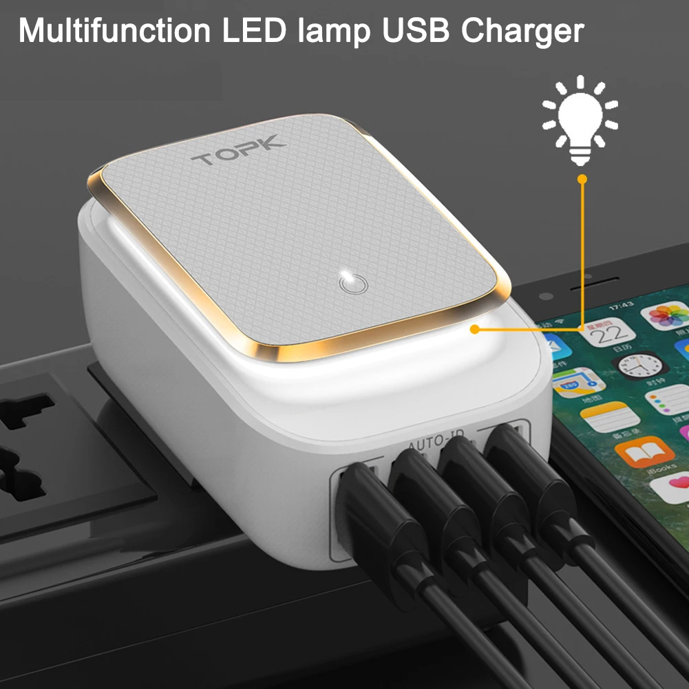

USB Charger Plug 4 USB Wall Charger with LED Night Light US Standard Plug with UK/AU/EU Adapter Plug Optional
