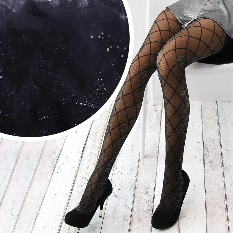 

Fishnet stockings sexy silver silk summer thin diamond lattice patterned cored silk ladies pantyhose mesh stockings