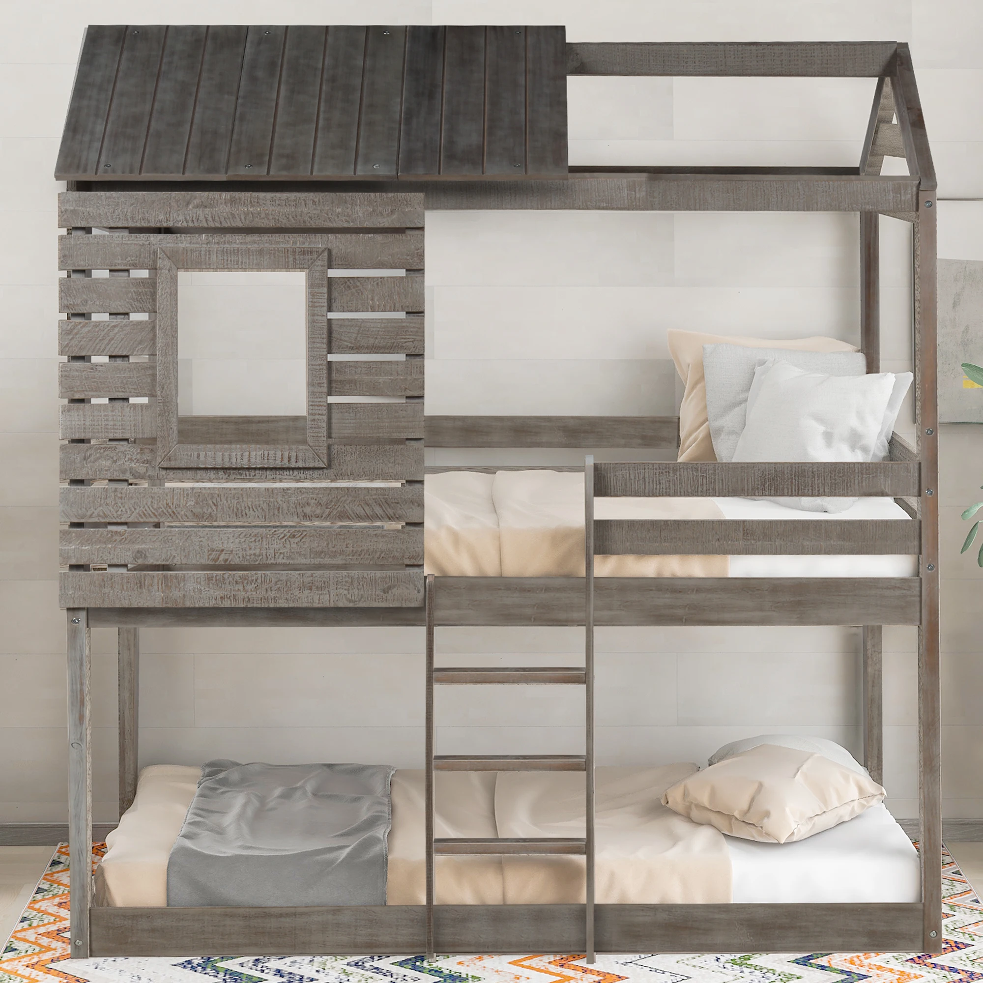 

Bunk Bed Wood Loft Bed with Roof, Window, Guardrail, Ladder for Kids, Teens, Girls, Boys ( Antique Gray )