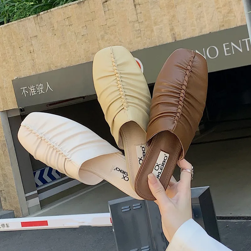 

Bailamos Women Slipper 2022Summer Mules Pleated Square Toe Slippers Net Celebrity Slides Outside Flats Female Beach Shoes Mujer