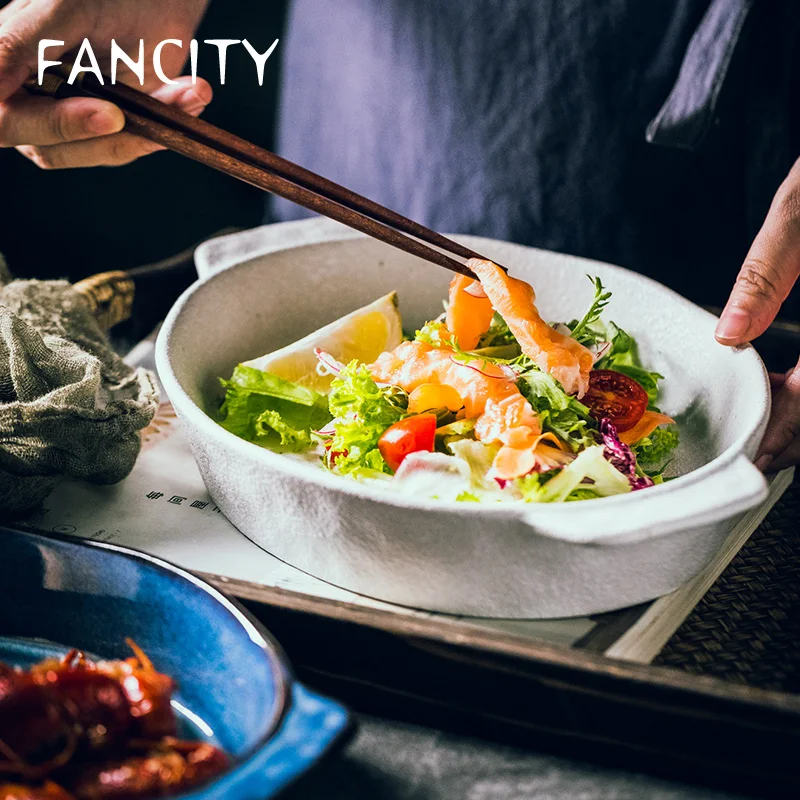 

FANCITY Two-eared baking tray, rice plate, ceramic large-capacity elliptical plate, breakfast plate, salad fruit plate