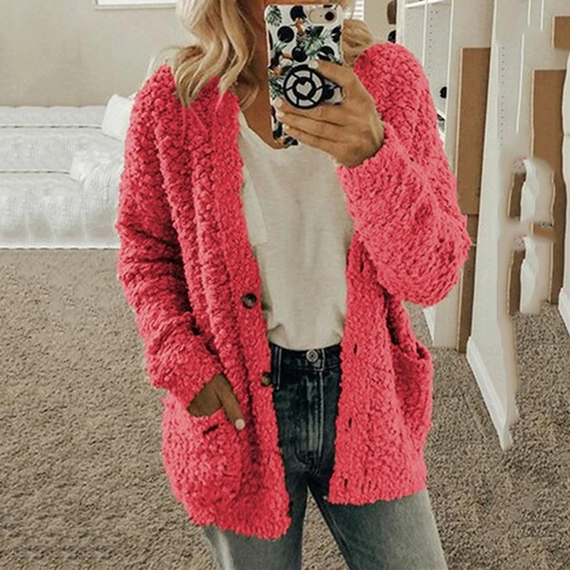 

Autumn Winter Faux Fur Women Jacket Solid Pink Thick Warm Lamb Teddy Coat Oversize Dual Pocket Faux Fur Jacket Female