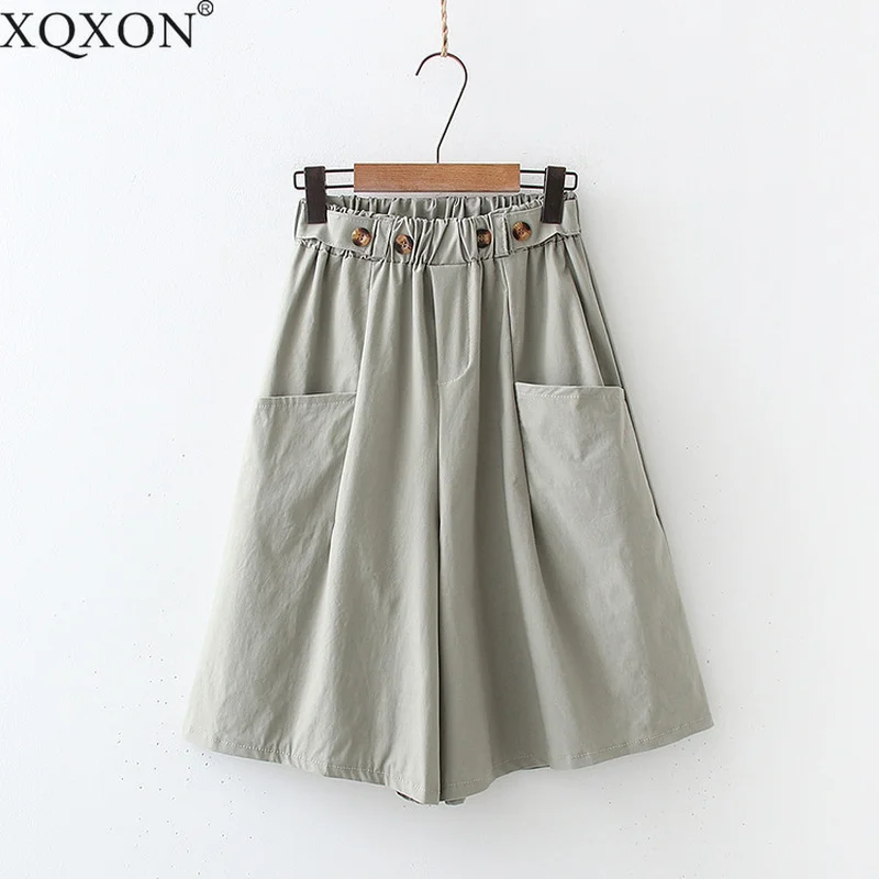 

Летние хлопковые шорты XQXON 2021, простые широкие шорты с эластичным поясом и четырьмя пуговицами