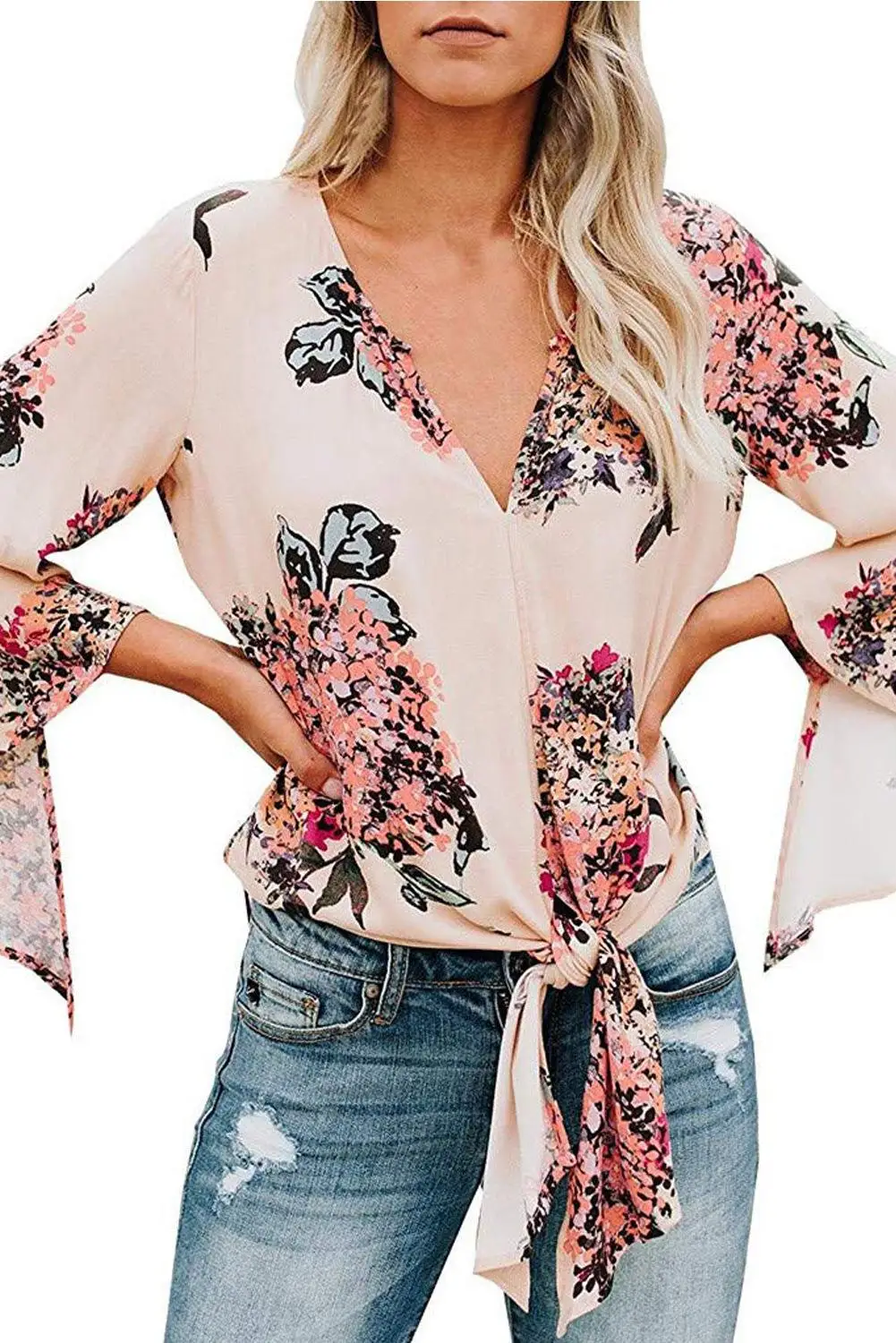 

Echoine Women Sexy V Neck Flare Sleeve Floral Print Blouses Fashion Lady Shirt Lightweight Comfy Loose fit Casual Woman Clothes