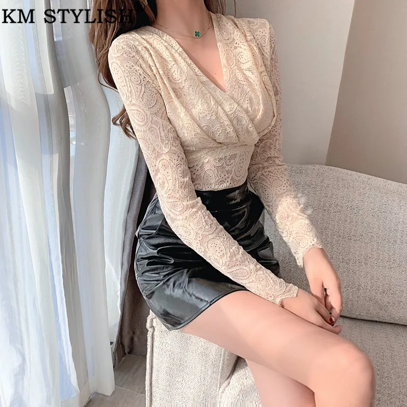 Черная кружевная блузка рубашка с вышивкой прозрачные открытые женские осенние