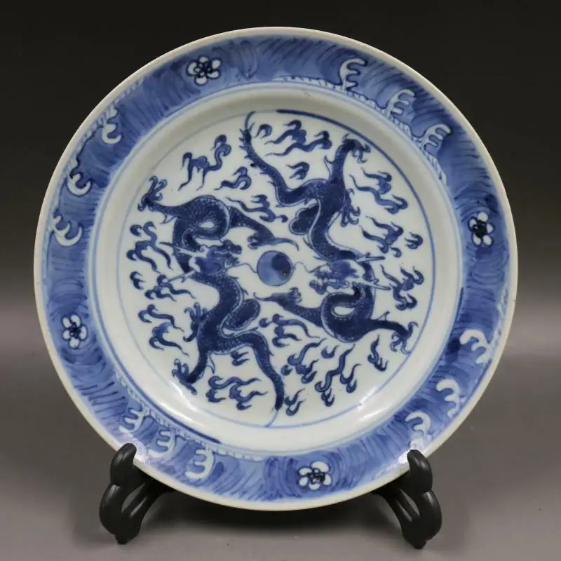 Chinese Old Blue and White Dragons Play Pearl Pattern Porcelain Plate