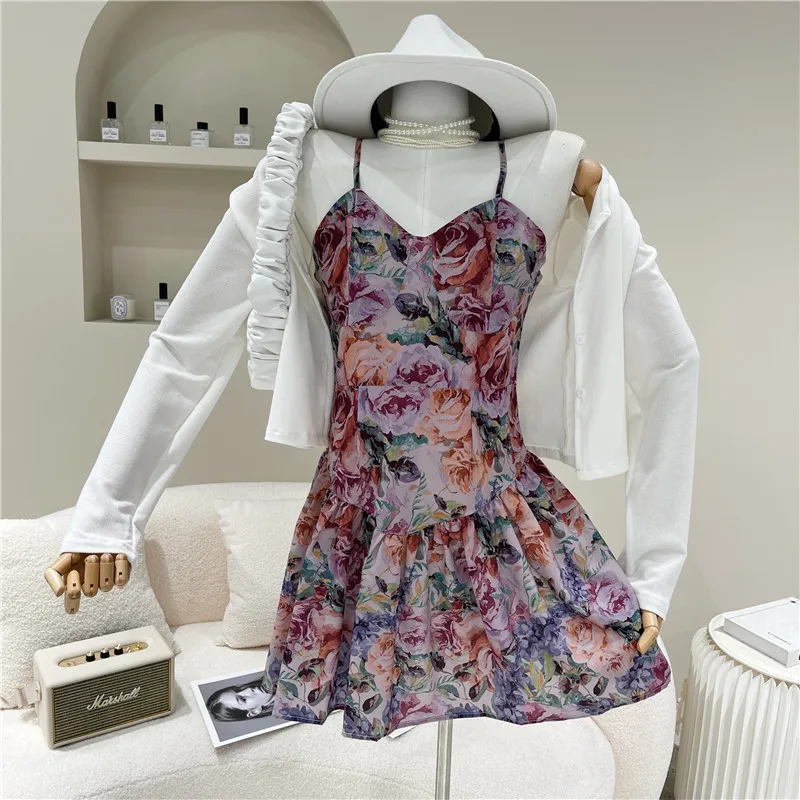 

Women's Spring Summer 2021 Niche Design Fashion Floral Suspender Dress Set + Sunscreen Knitted Cardigan