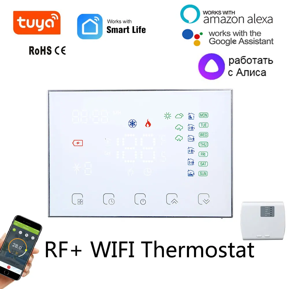 

Rf Wifi Transmitter Receiver Remote Thermostat Programmable Boiler Heating Thermostat for Electric/water/gas Boiler Heating