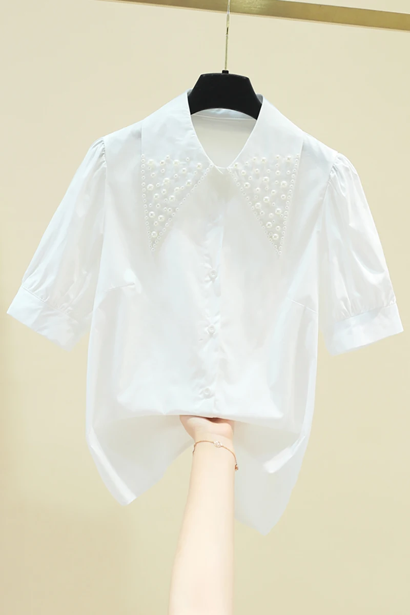 

Beaded Pointed Collar Puff Sleeve Short Sleeve Loose Shirt Female 2021 Summer New Top Blouse