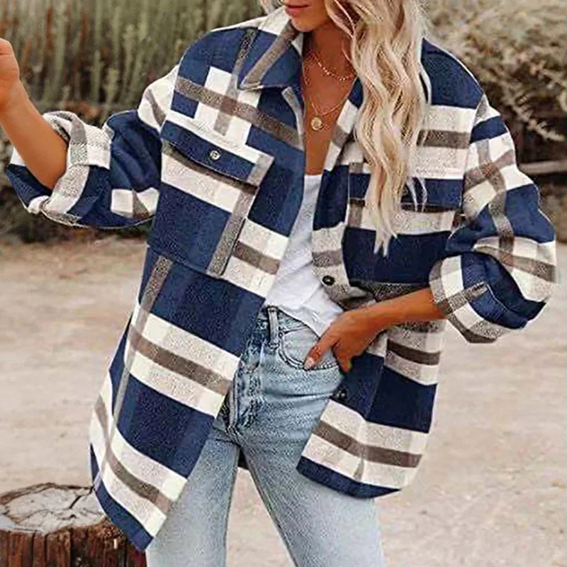 

Женская клетчатая рубашка с отложным воротником, длинным рукавом и карманами