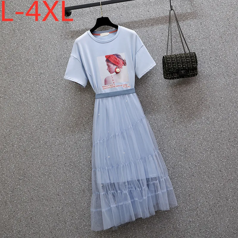 

L-4XL Plus Size New Summer Two-piece Sets For Women 2021 Print O-Neck Splited T-shirt Dress + Mesh Skirt Dresses Ladies Outfits