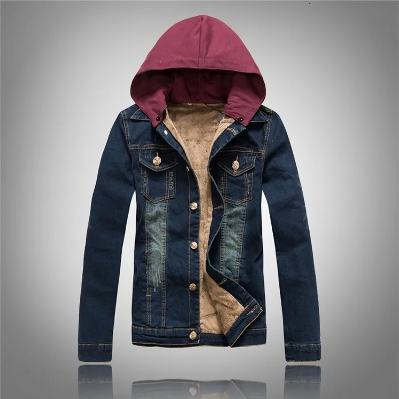 Мужская однобортная куртка из джинсовой ткани синяя приталенная флиса с меховой