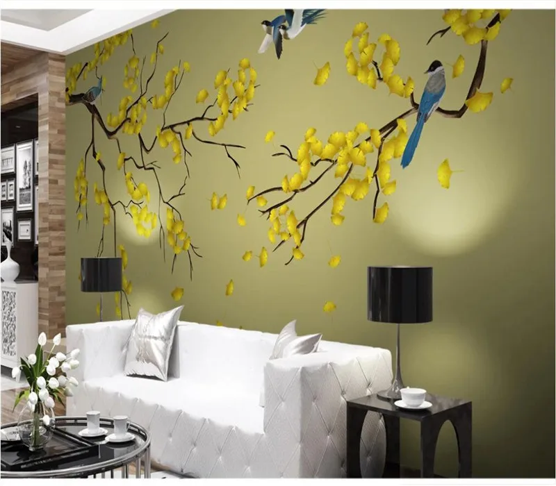 Настенные обои на заказ роспись ginkgo ручная цветы и птицы новый китайский фон
