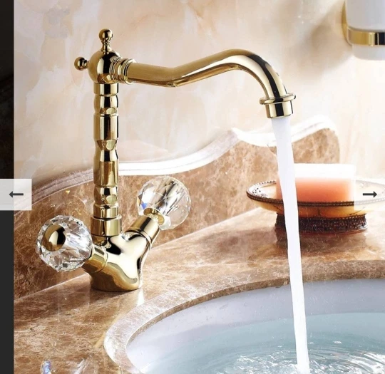 

Basin Faucets Gold Brass Crystal Handle Bathroom Faucet Tap Toilet Mixer Water Tap Deck Mounted Basin Sink Crane Taps 7537