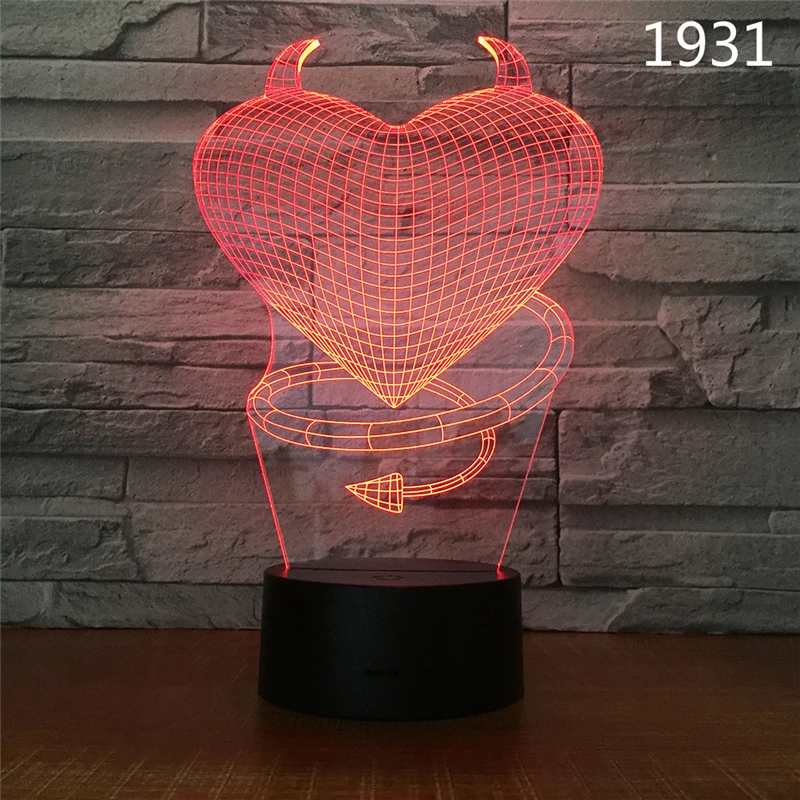 3D ночник светодиодный светильник для влюбленных с сердцем дьявола мультяшная