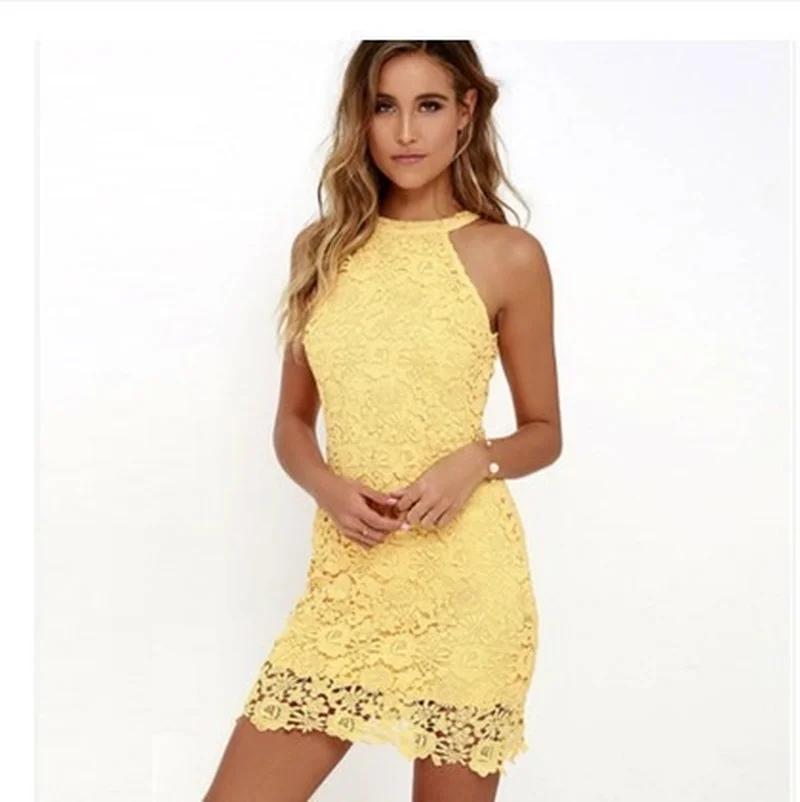 

New High Quality Hanging Neck Slim Pencil Skirt Sexy Sleeveless Short Skirt Lace Dress Dresses for Women
