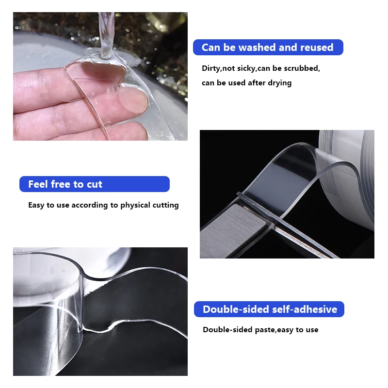 

2021 Nano Double Sided Adhesive Tape 1M/3M/5M Transparent Reusable Waterproof Adhesive Nano Tape Cleanable Home Band