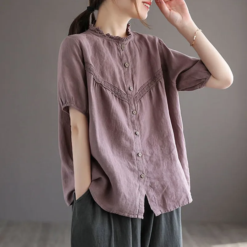 Женские повседневные рубашки из 100% хлопка однотонные свободные топы с коротким