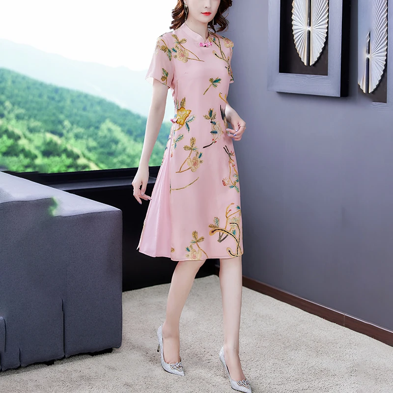 

COIGARSAM 3XL Plus Size Chinese Style Women dress New Spring Summer Cheongsam Vintage Dresses Pink 8995