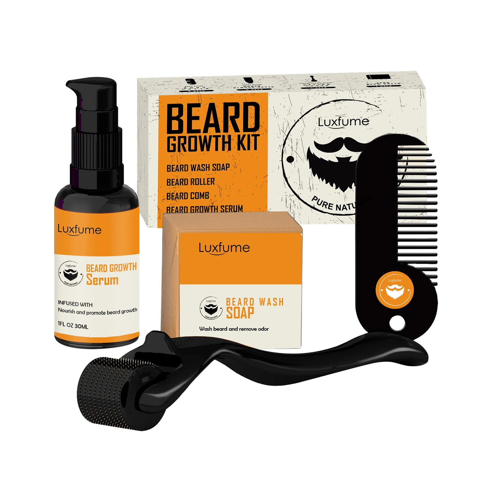 

4 Pcs/set Men Beard Growth Kit Beard Growth Enhancer Thicker Essence,beard Cleaning Cream With Comb And Roller