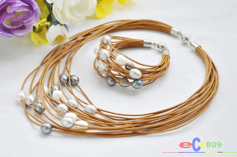 

Оптовая продажа 15 рядов 13 мм белый черный серый жемчуг кофе кожаное ожерелье и браслет