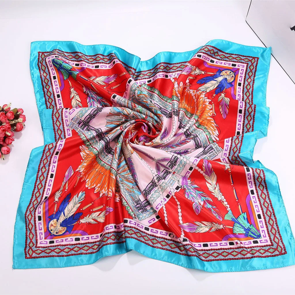 Шелковые шарфы для женщин с принтом перьев атласные хиджаб квадратной головкой