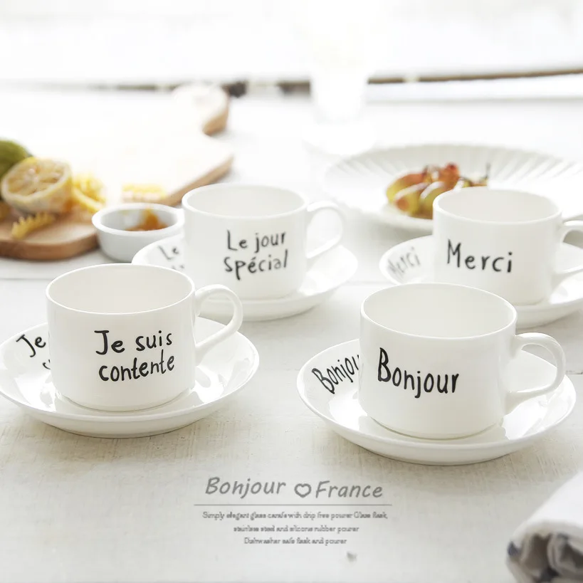 

4 Pcs White Ceramic Coffee Cup Saucer Sets French Style Letter Scented Tea Milk Family Breakfast Mug Dish Kit Teacups Cafe Tasse