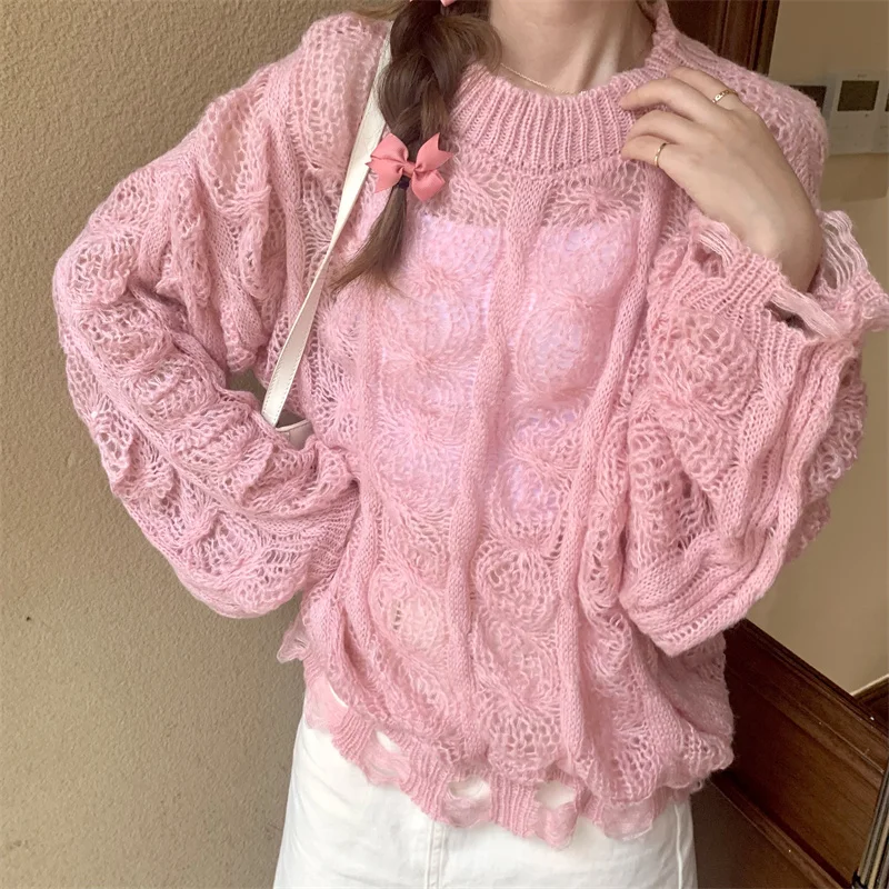 

Loose in a languid is lazy wind restoring ancient ways pullovers female qiu dong hollow out white long hole knitting coat coat