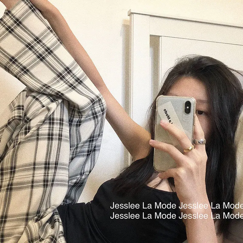 

HOUZHOU Harajuku винтажные клетчатые брюки для женщин в Корейском стиле с широкими штанинами 2021 новые модные брюки в клетку уличные брюки размера п...