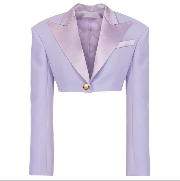 

2020 Новое поступление белый фиолетовый цвет дамы с длинным рукавом одной кнопки короткое пальто атласная мода Повседневный костюм куртка