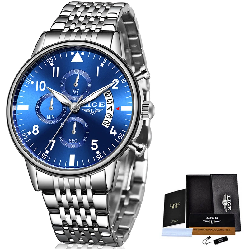 

LIGE New Fashion Stainless Steel Mens Watches Top Brand Luxury Multi-function Chronograph Quartz Wristwatch Relogio Masculino