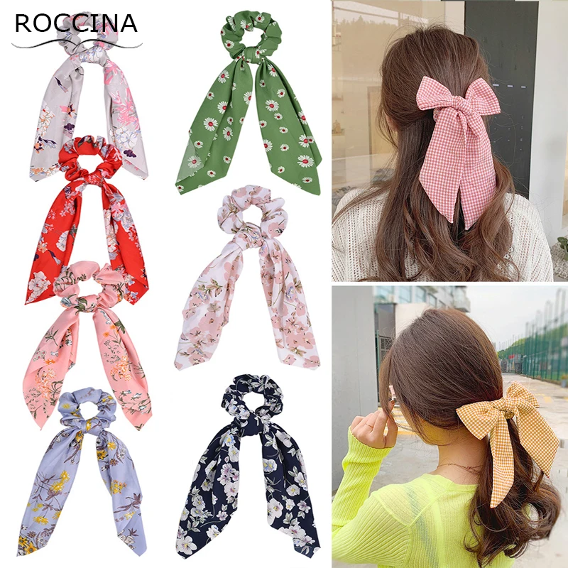 

New Florals Rabbit Ear Hair Bands Girls Hair Scrunchies Elastic Hair Bands Ties Rope Bands Women Ponytail Bands Hair Accessories
