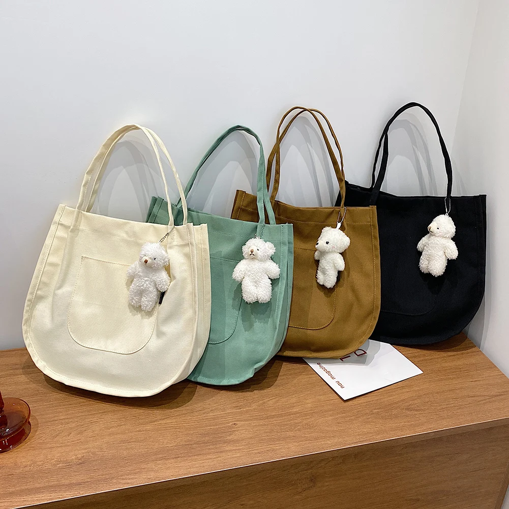 

Exquisite Women 's Bag Canvas Shopper Bag Large Capacity High Quality Shoulder Shopping Bag Female Tote Handbags with Pendant