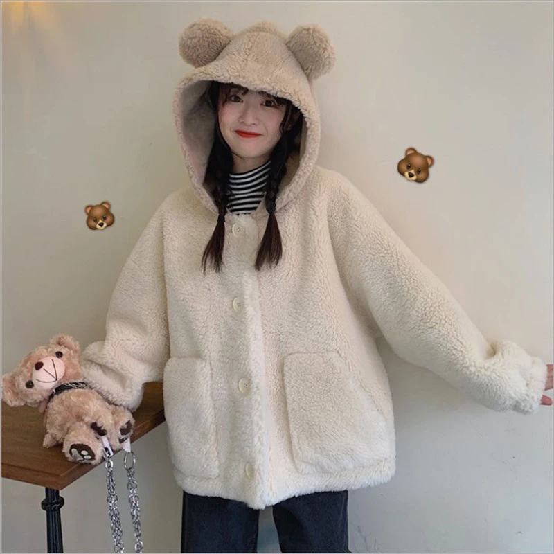 

Cute Bear Ears Women's Hoodie Lamb Wool Coat Students Autumn And Winter Overcoat Pocket Casual Outwear Female Sweet Loose Jacket