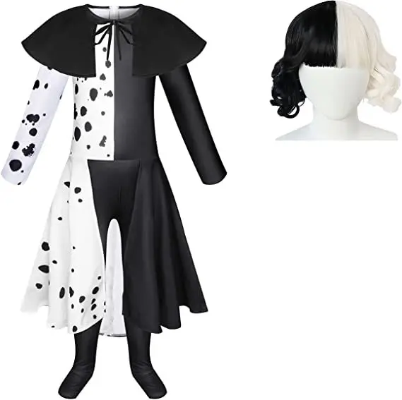 

Halloween Costumes Movie Evil Madame Cruella De Vil Cosplay Gown Black White Maid Dress Halloween Party Dress with Shawl Wig