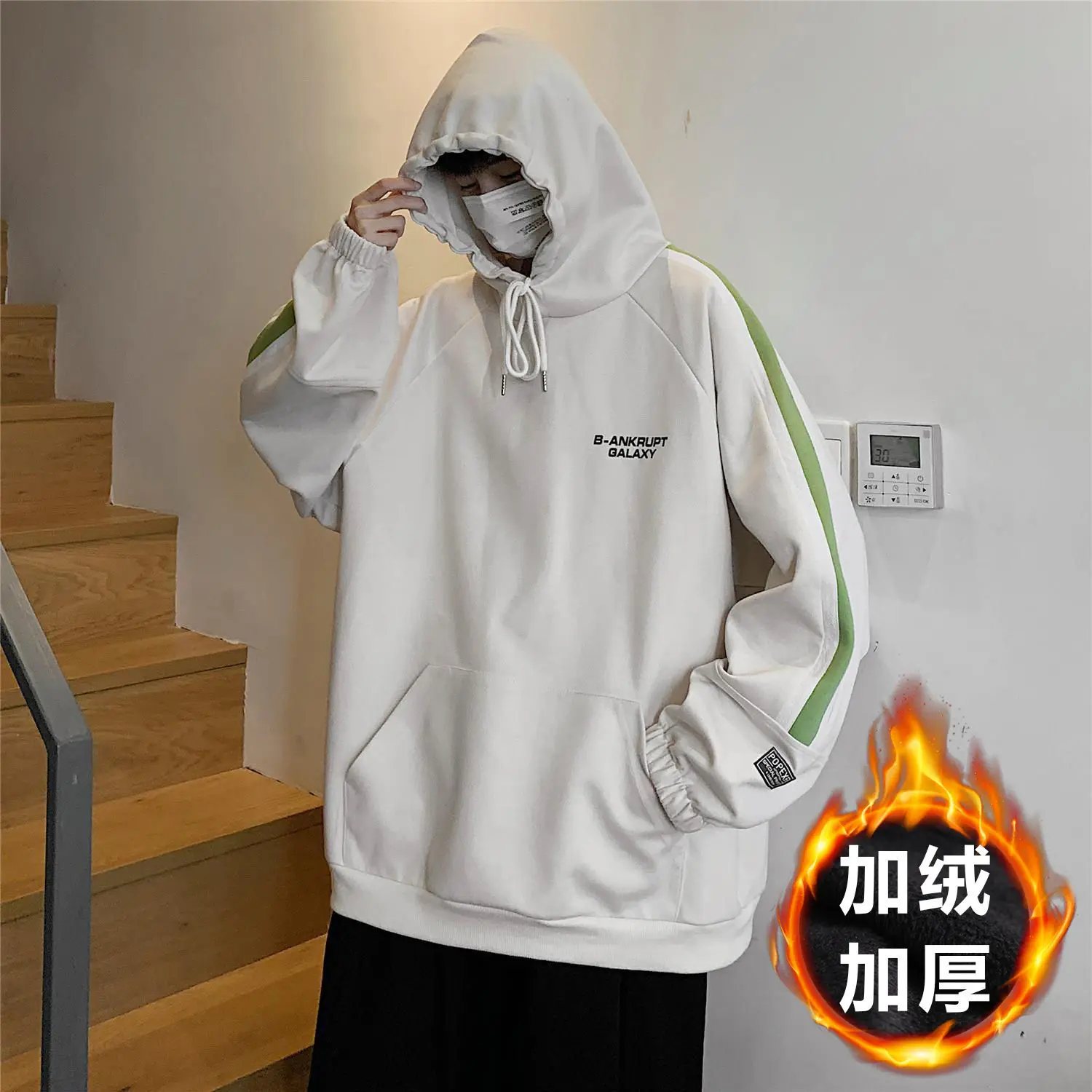 

Plush and thickened Hong Kong Style Hooded Sweater men's loose autumn and winter Korean fashion casual versatile Pullover