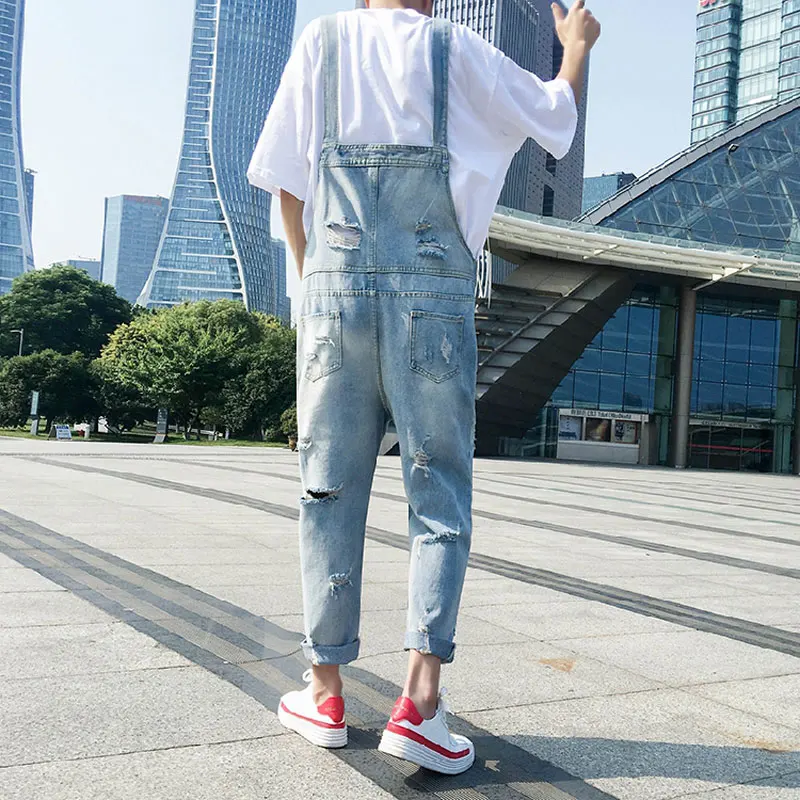 2020 Ripped Man Jeans Bib Overalls Ankle Length Hip Hop Hole Denim Jumpsuits Trousers Youth Leisure Freight Blue Cargo Pants