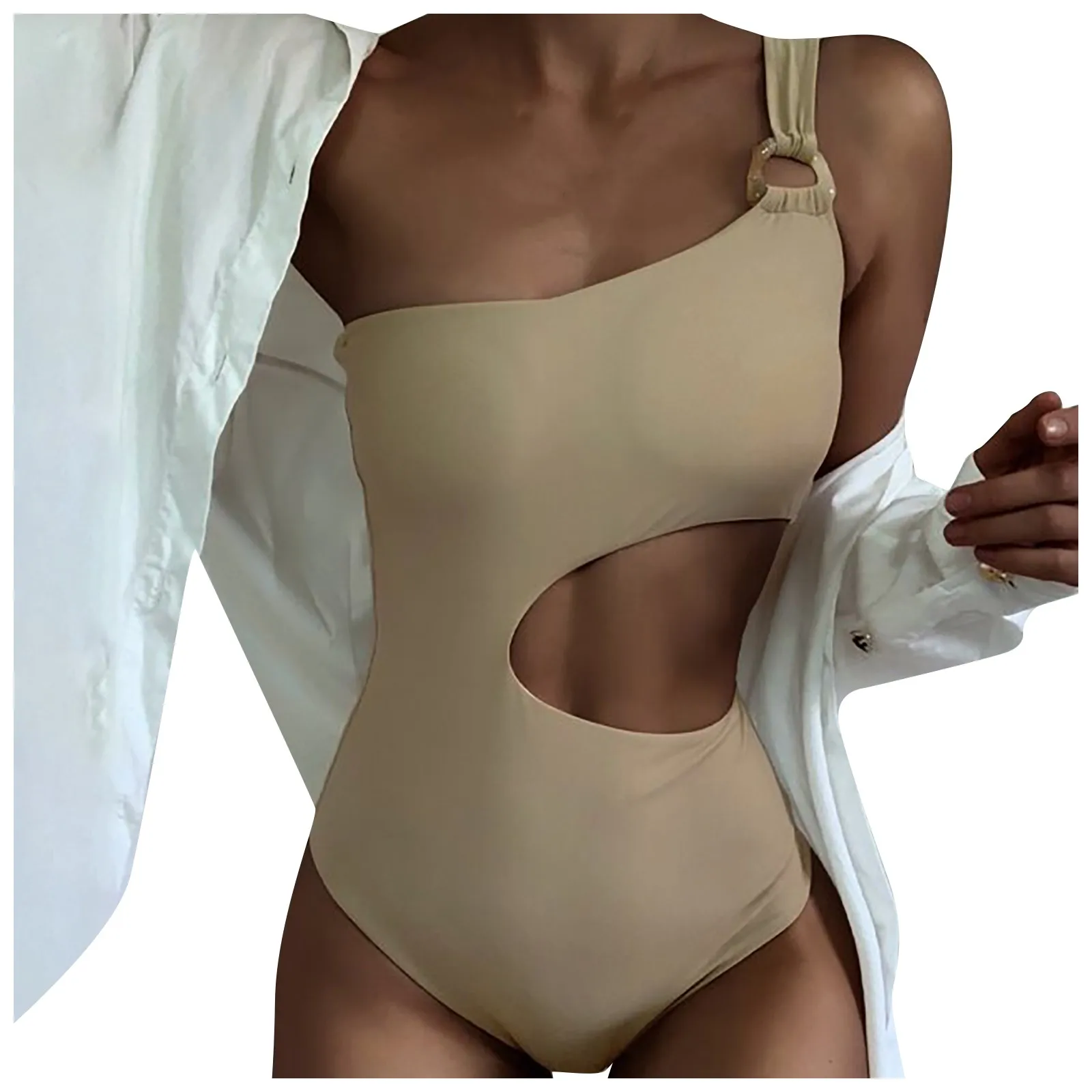 

Bikini 2021 Swimsuit Women Swimwear Bikini Solid Color One-Piece Swimsuit Female Sense Waistless One Shoulder Bathing Suit