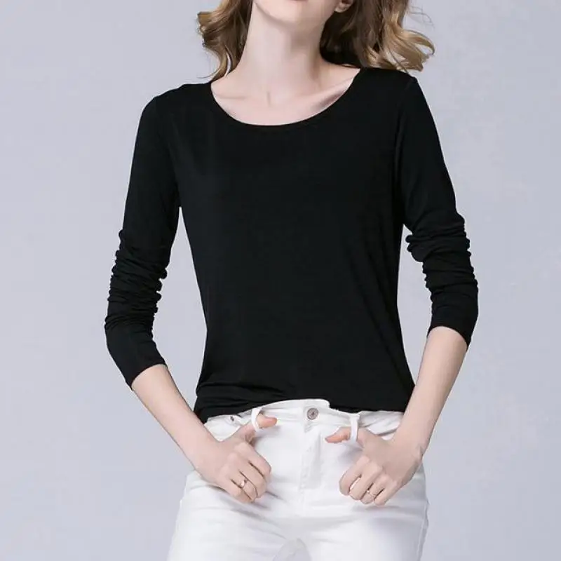 Осенняя одежда с длинными рукавами однотонная Модальная свободная круглым