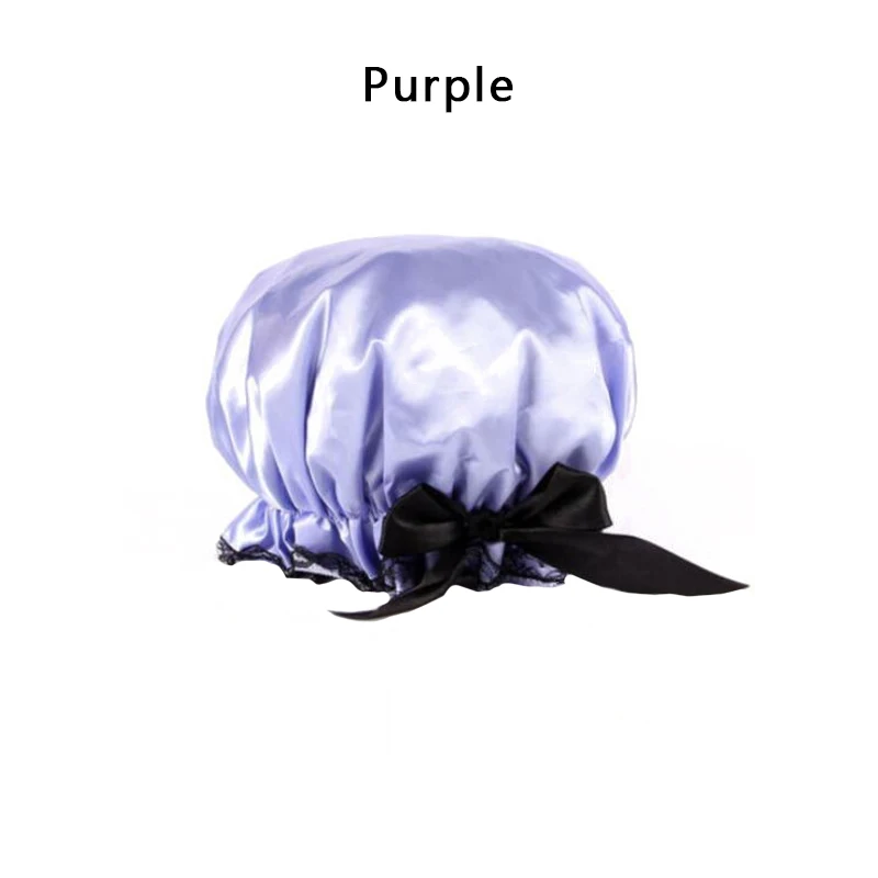 Purple Красивая роскошная кружевная шапочка для душа с бантиком для женщин, эластичная водонепроницаемая шапочка для ухода за волосами, для ванной, для девушек, милая густая шапочка для купания - Цвет: Purple