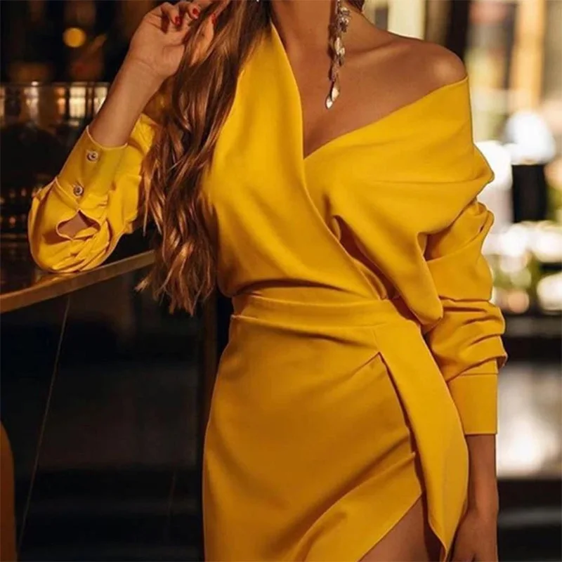 

Sexy dress solid color new waist skirt split club party dress open one-shoulder long-sleeved dress