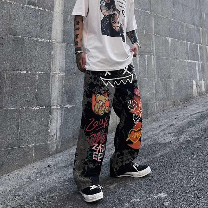

2021 Men Youth fashionable Streetwear Abstract Funny Jeans Patchwork Printed Hip Hop Men Hip Hop Jeans Men High Street Pants